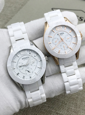 FOSSIL手表白色陶瓷三眼多功能星期日历石英表商务休闲女表CE1006