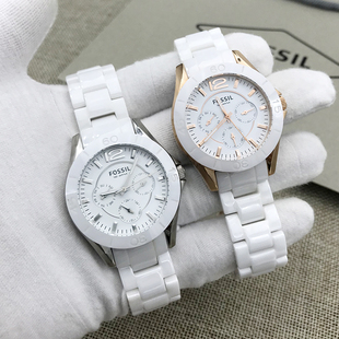 FOSSIL手表白色陶瓷三眼多功能星期日历石英表商务休闲女表CE1006