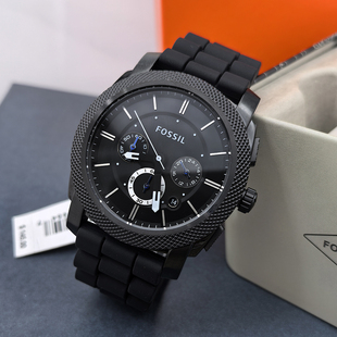 FOSSIL手表硅胶表带黑色计时石英表休闲时尚 日历防水男表FS4487