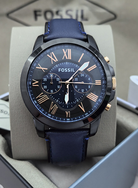 FOSSIL手表真皮表带酷黑深蓝色三眼计时商务休闲石英机芯防水男表