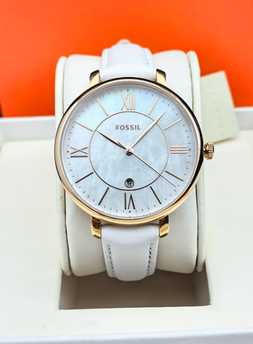 FOSSIL手表真皮表带白色玫瑰金简约时尚贝母表面石英日历防水女表