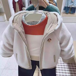 chris童装2026秋冬新款男女童羊羔绒外套白色拉链中大童连帽外套