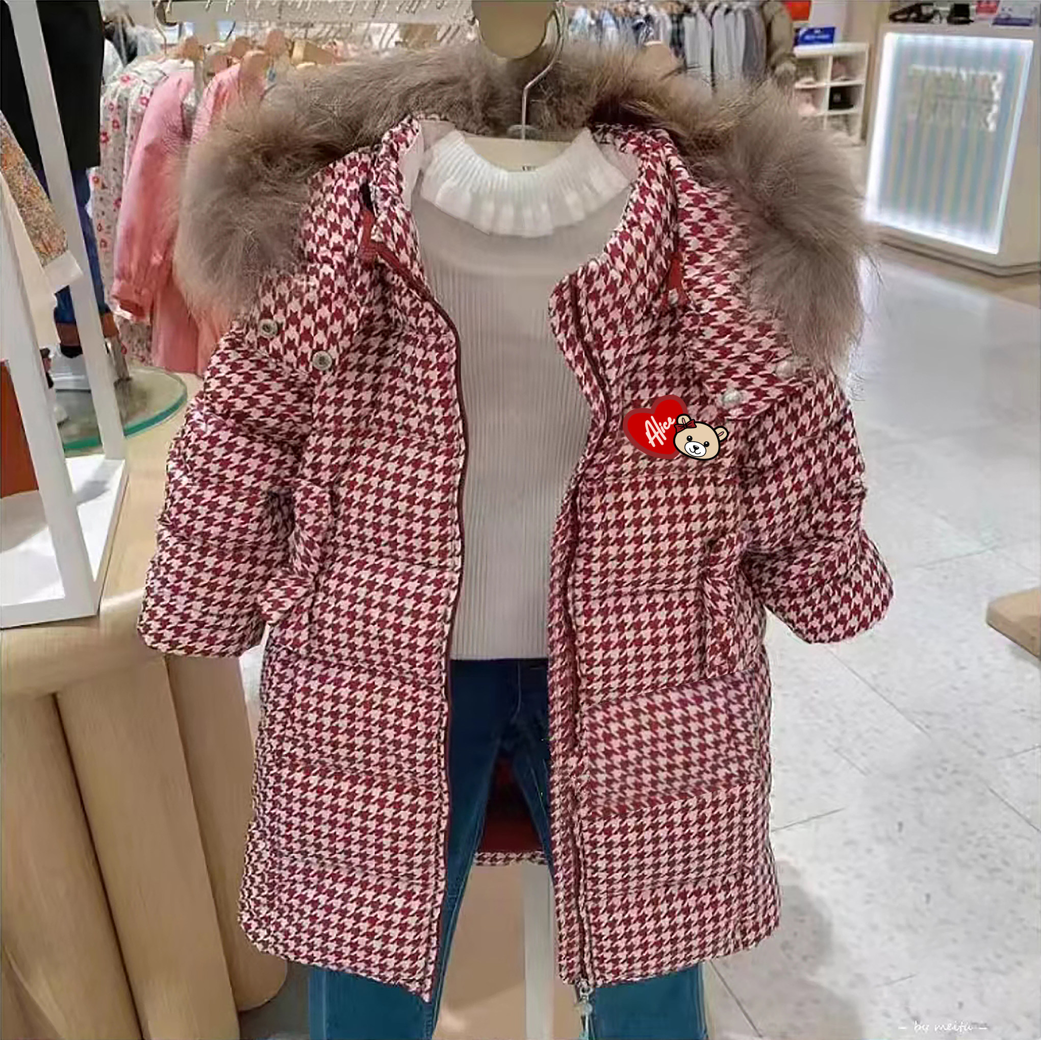 chris童装2026冬季新款女童中长款千鸟格保暖羽绒服儿童休闲外套