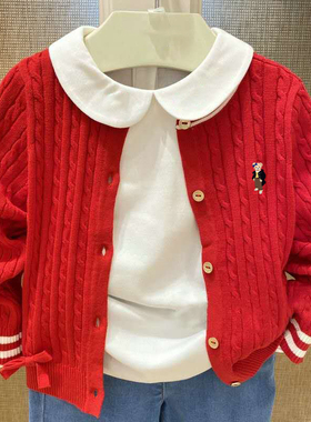 chris童装25春秋新款女童棉红色针织开衫女毛衣儿童休闲百搭外套