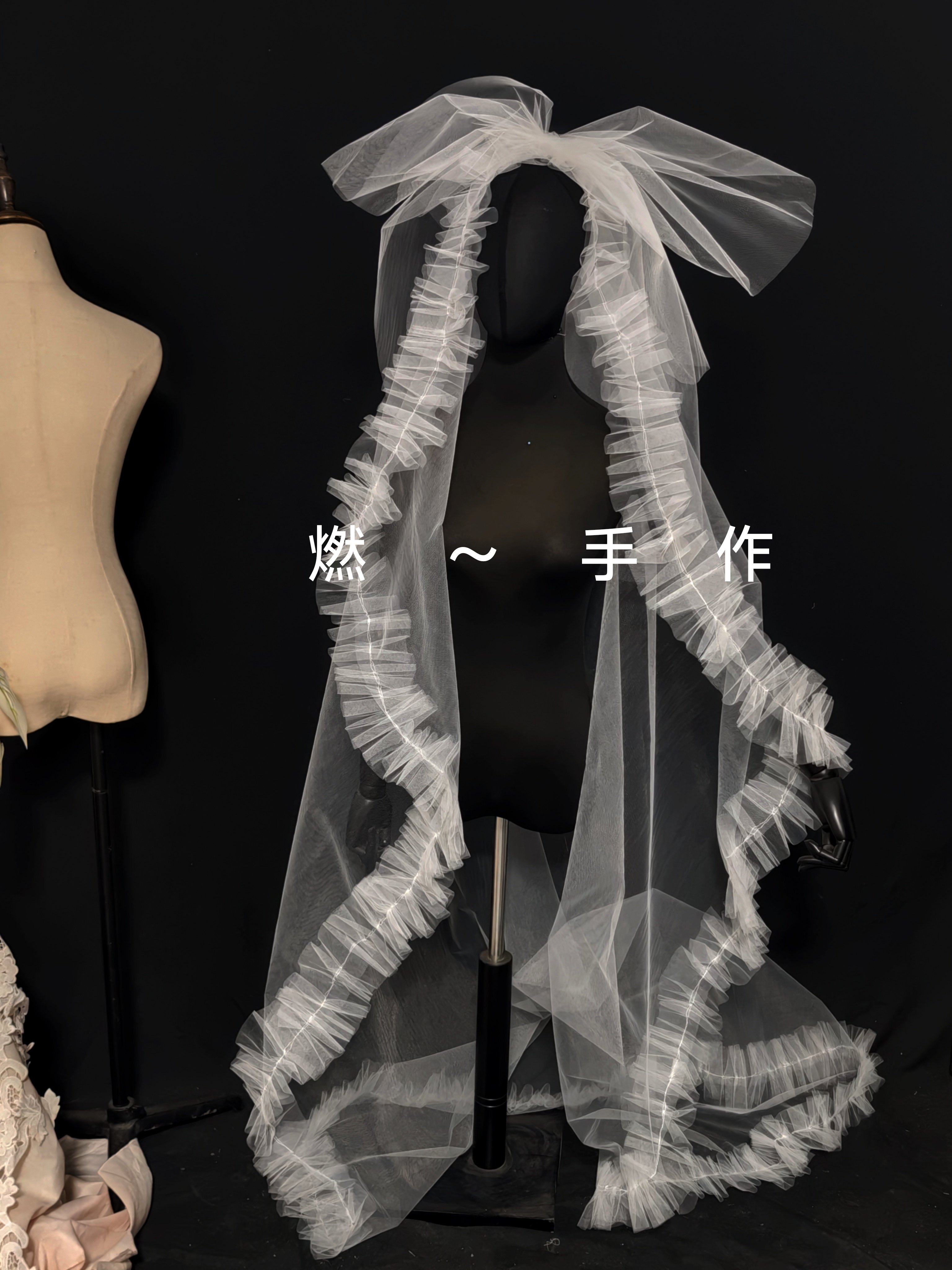新娘饰品-手作蝴蝶结荷叶边头纱长2米