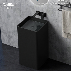 唯铂无孔黑色方形人造石洗手盆立式柱盆一体落地式洗手池现代卫浴