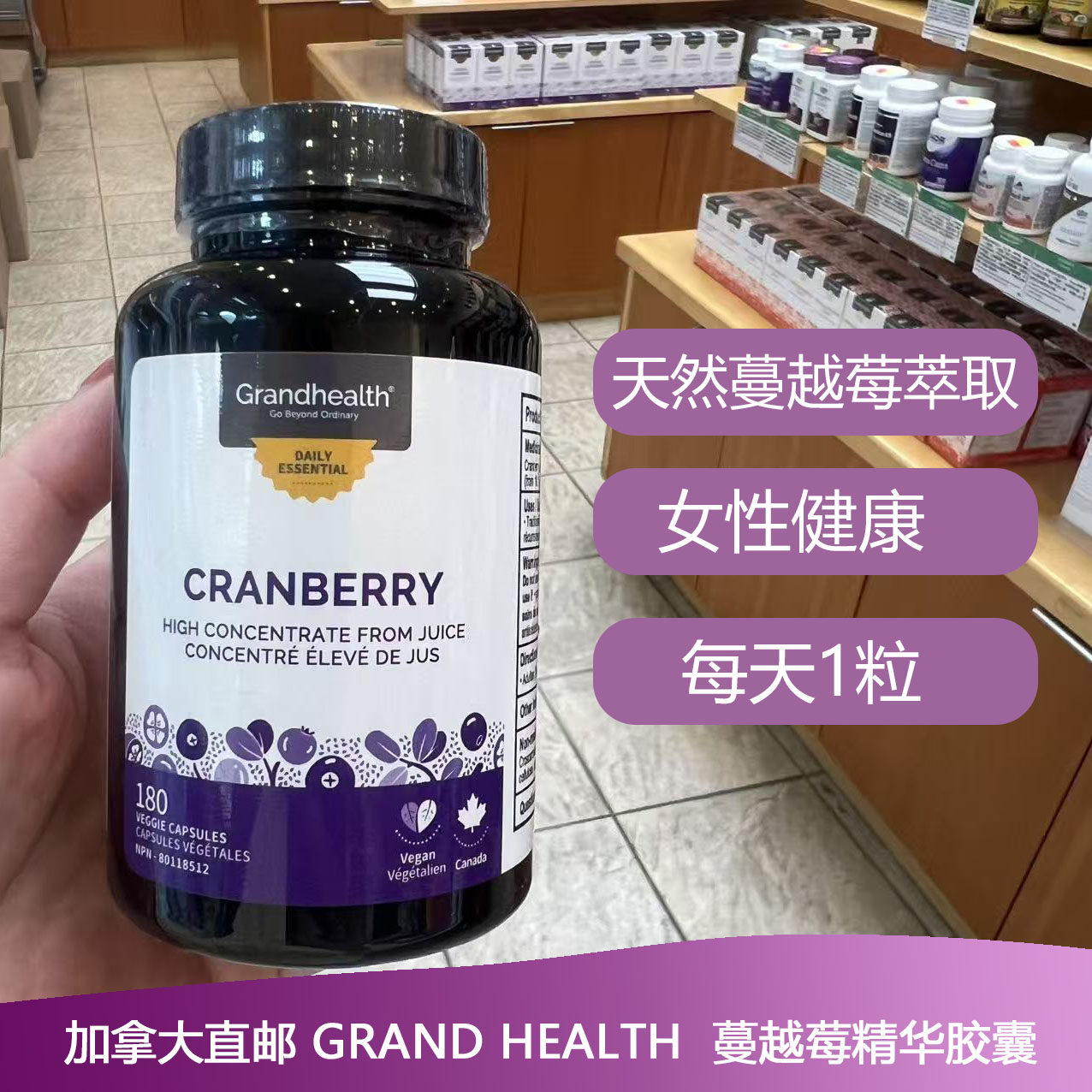 加拿大Grand Health Cranberry蔓越莓精华胶囊护女性健康180粒