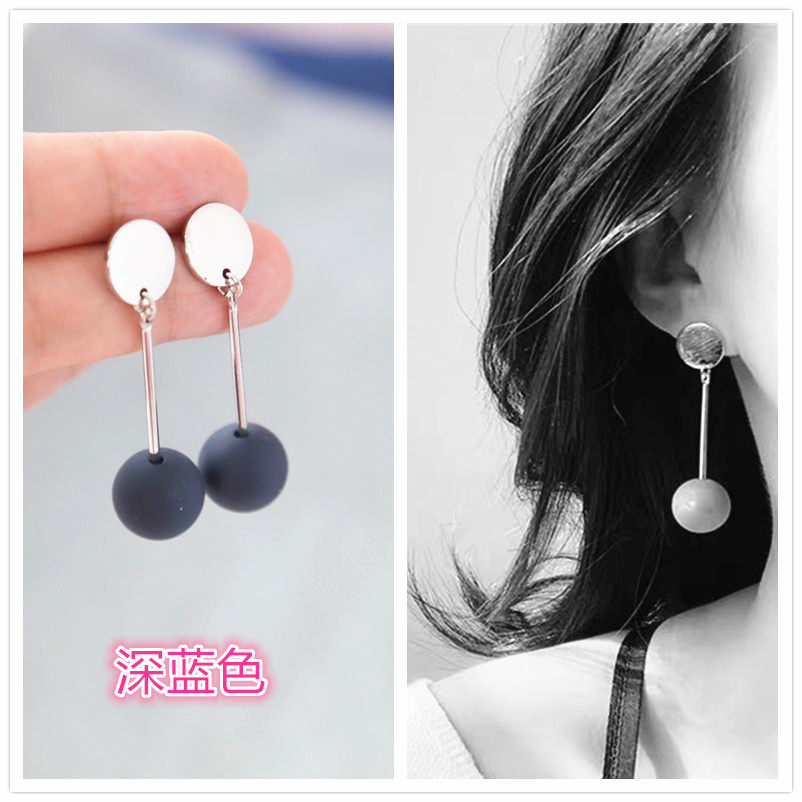 欧美 极简风 深蓝色简约蓝色球球长款耳环耳钉q41