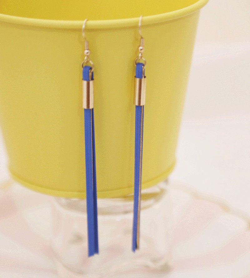 【小喜家】 欧美 金宝蓝双色长款流苏耳环无耳洞耳夹女复古港味m7