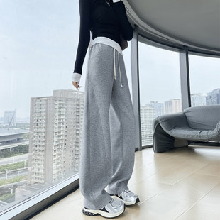 运动裤女款2025新款灰色窄版阔腿长裤休闲秋冬裤子加绒卫裤直筒裤