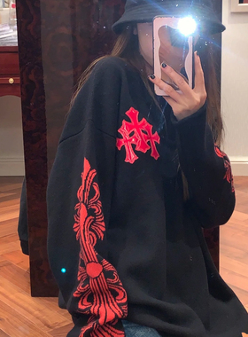 三十字拼皮梵文双臂提花针织衫女春季新年黑红高级感休闲百搭毛衣