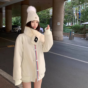 小姐姐秋冬 减龄设计感夹棉撞色织带单面呢棒球服潮 美高棒球会