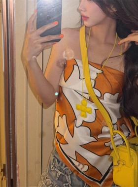 十字架梵文印花飘带丝巾头巾女夏季小众法式多穿法高级感抹胸背心