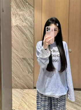 夏季新款韩版做旧字母印花晕染长袖T恤女ins减龄宽松显瘦防晒上衣