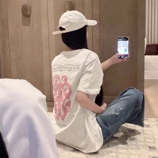 百搭洋气减龄小众上衣潮 ins时尚 十字架烫钻植绒宝剑短袖 T恤女夏季