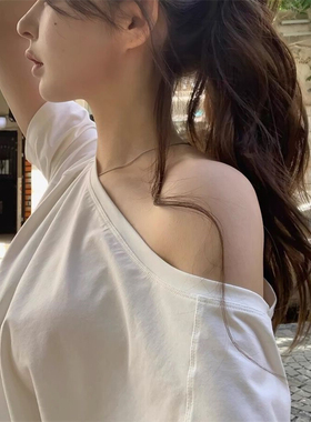 樊樊 弹力领斜肩一字肩两穿宽松短袖T恤女夏显瘦百搭薄款上衣