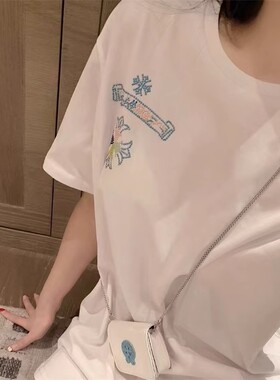 夏季新款潮牌梵文马蹄烫钻短袖T恤女ins超火宽松慵懒设计感上衣