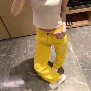 女高腰显瘦纯欲设计感直筒裤 春夏新款 多巴胺黄色十字架拼皮牛仔裤
