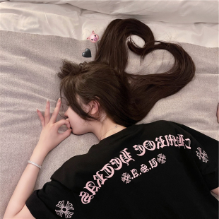 半袖 夏季 T恤情侣大版 潮牌撞色梵文印花刺绣短袖 网红宽松上衣 新款