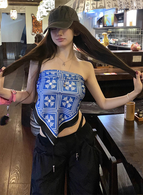 多用途 可做头巾夏季小众蓝色丝巾抹胸女夏新款无肩带辣妹上衣潮