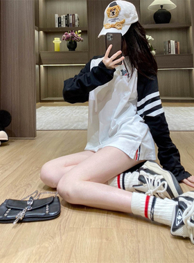 春秋新款韩版狗狗贴布织带长袖T恤女ins设计感宽松中长款慵懒上衣