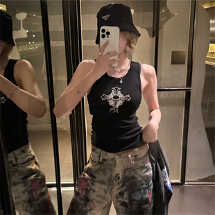 T恤 两穿纯欲辣妹无袖 童花信仰 十字架印花纯棉百搭背心女夏新款