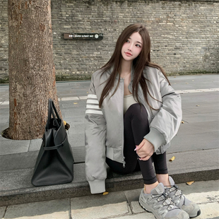 高级感外套 口棒球棉服女秋冬加厚慵懒休闲短款 樊樊 撞色织带袖