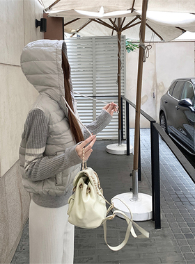 软软拼接针织连帽式羽绒棉服女秋冬小众织带条纹设计感显瘦外套潮