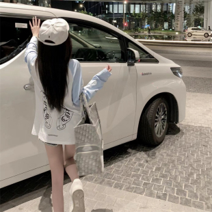 防晒衫 十字架马卡龙配色男友风长袖 T拼色宽松型t恤女夏2022年新款