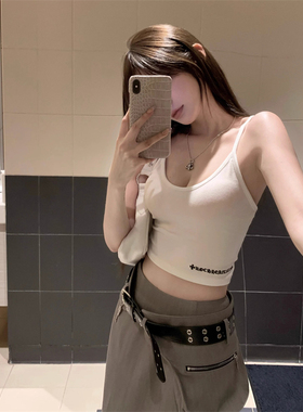 十字架梵文刺绣胸垫吊带女夏季小众设计感外穿纯欲露脐修身背心潮