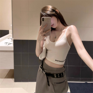 十字架梵文刺绣胸垫吊带女夏季 背心潮 小众设计感外穿纯欲露脐修身