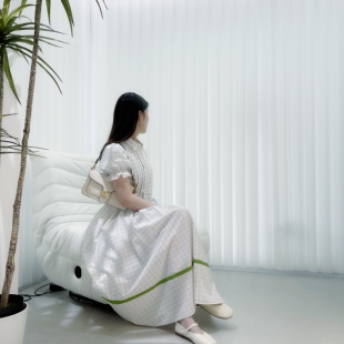 初见家圣迪奥品牌折扣女夏休闲甜美格子条纹翻领短袖中长款连衣裙