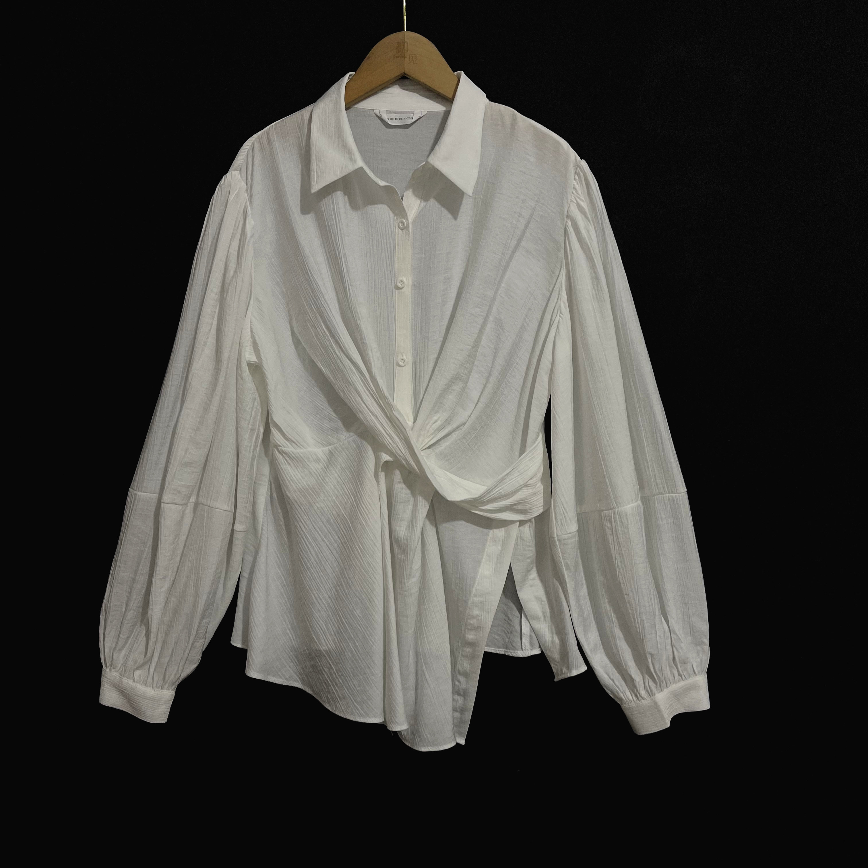 初见家圣迪奥女装品牌折扣春季休闲个性交叉剪裁不规则长袖女衬衫