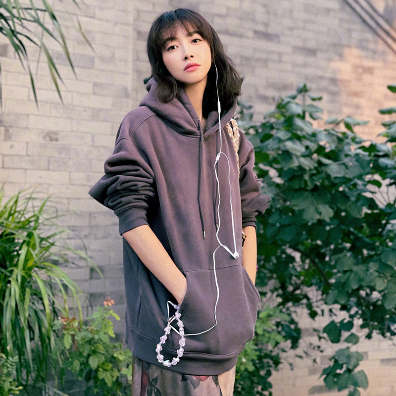 春季新款宋茜同款暗夜灰连帽加绒卫衣休闲复古帽衫男女潮宽松长袖
