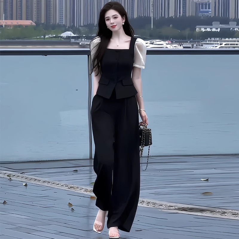 高级感赫本风时尚套装女夏季新款小个子气质收腰显瘦阔腿裤两件套