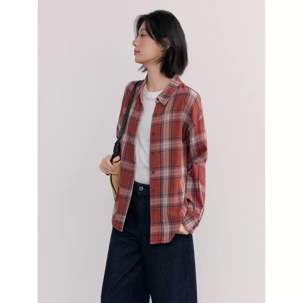 双面可穿!爆炸舒服双层婴儿棉纱 纯棉格纹长袖衬衫上衣女秋新款