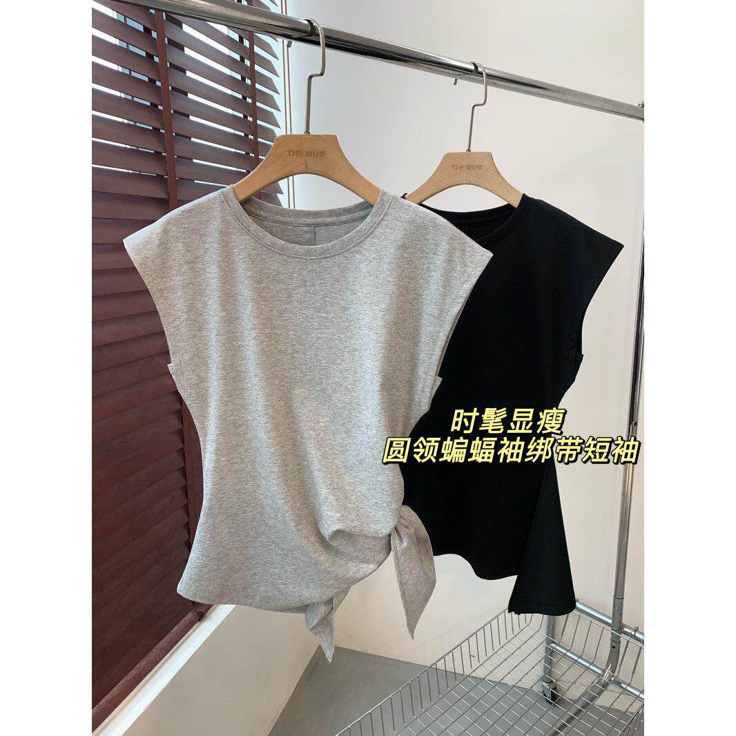 THEWOW时髦显瘦 棉混纺亲肤透气圆领蝙蝠袖侧边可调节绑带短袖T恤
