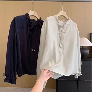 大叮自制法式小衫!天丝亚麻荷叶边系带长袖衬衫春季气质V领衬衣