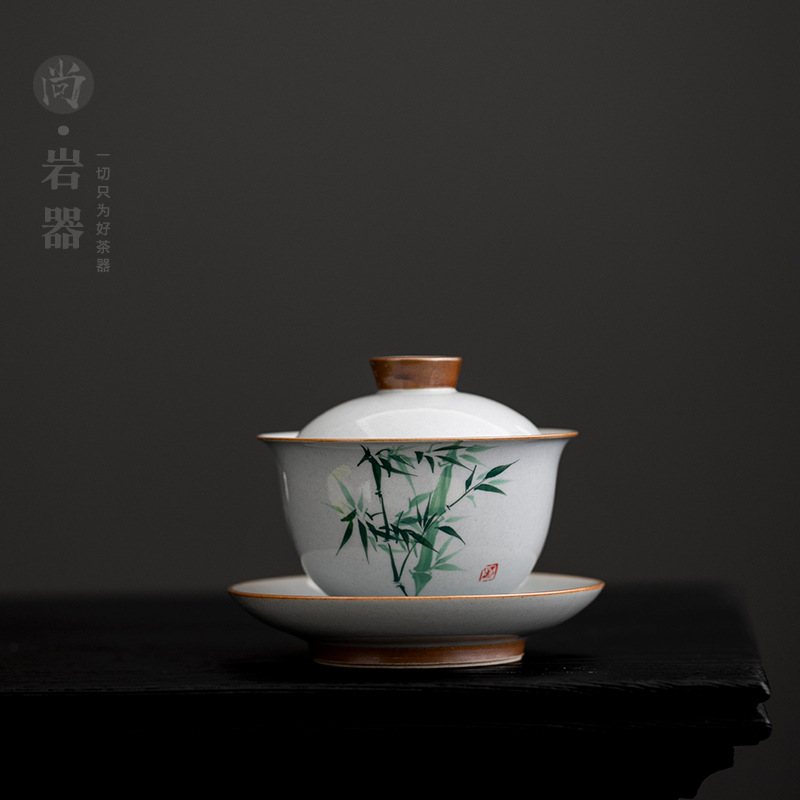 顺鑫创意手绘绿竹三才盖碗茶杯大号家用功夫茶具泡茶碗单个陶瓷敬