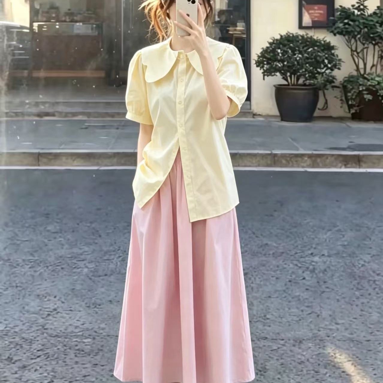 多巴胺甜美风奶系穿搭夏天套装小个子娃娃领衬衫上衣半身裙两件套图片