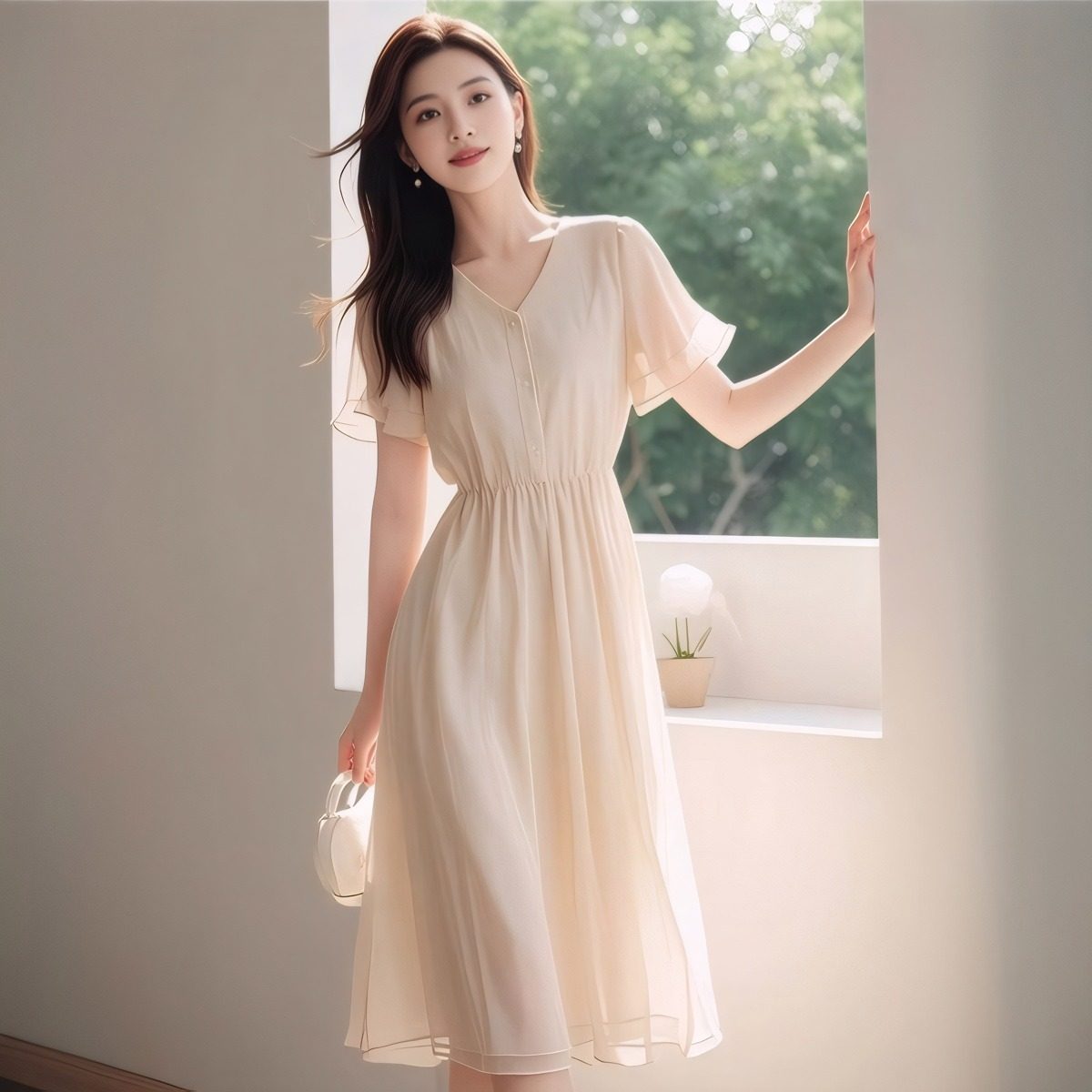 2025夏季新款简单大方法式气质绝美V领雪纺连衣裙荷叶袖中长裙女