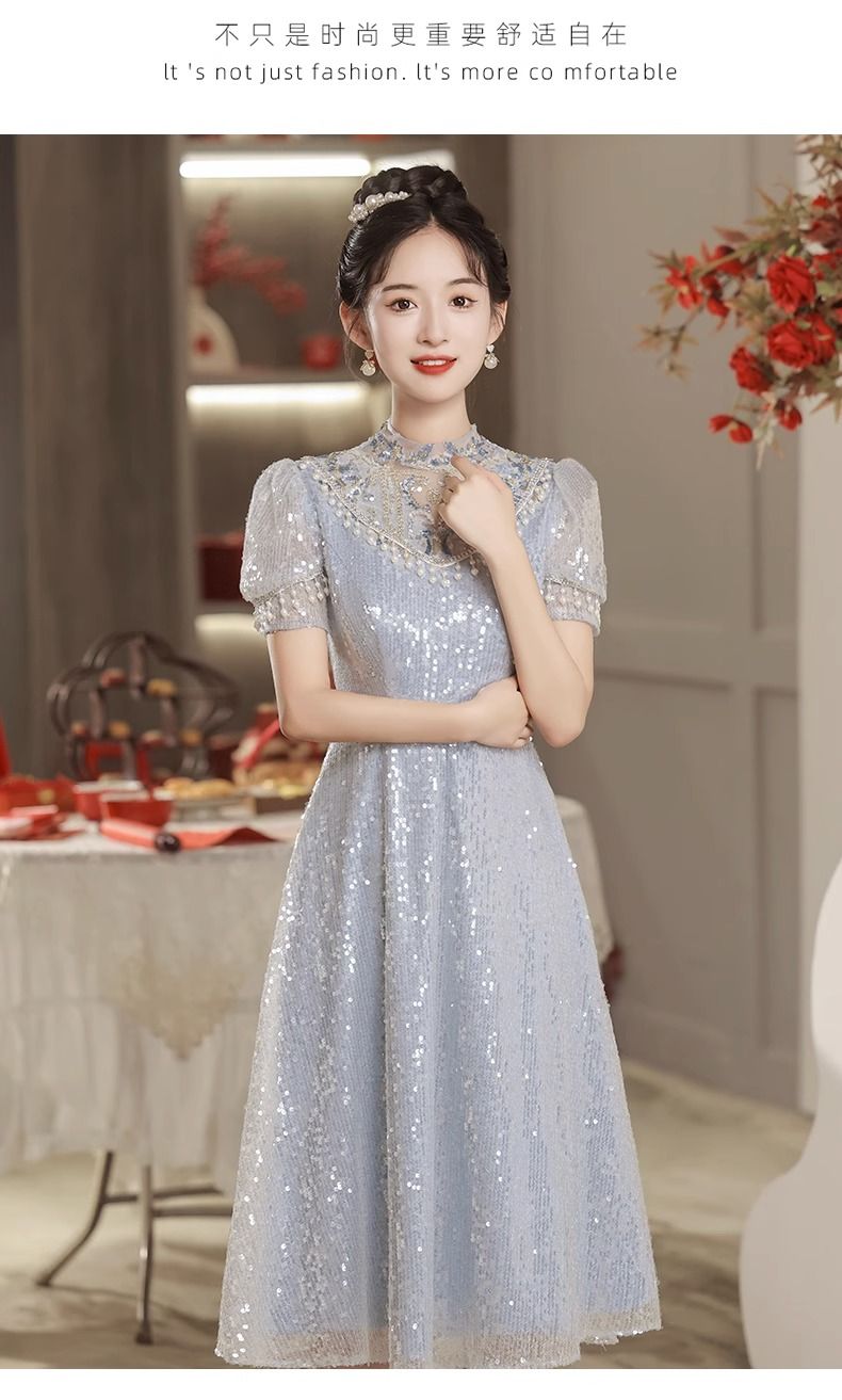 订婚晚礼服女2025新款高级感轻奢小众高端新娘敬酒服连衣裙天蓝色