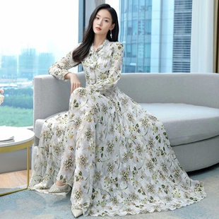 2025春秋女長袖 顯瘦 連衣裙提花超仙收腰沙灘大擺蝴蝶結超長裙時尚