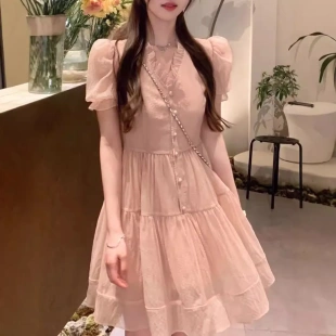 初恋裙法式 裙子仙女裙绝美ins短裙 v领粉色女装 甜美连衣裙2024夏季