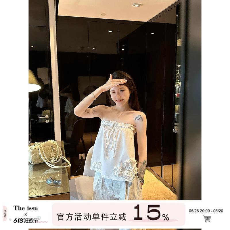 宁司 白色立体花挂脖抹胸吊带女夏季韩系设计感显瘦百搭无袖上衣