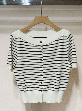 2025夏新女装 一字领条纹短袖单排扣针织开衫上衣S250399