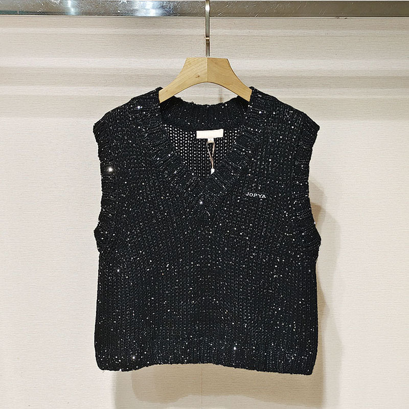 V领亮片绵羊毛套头针织衫背心