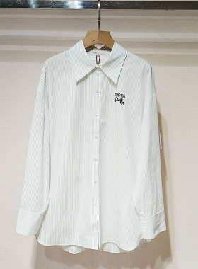 2025秋新女装 XRJ4C04C翻领黑白条纹蝴蝶结简约中长款衬衫上衣