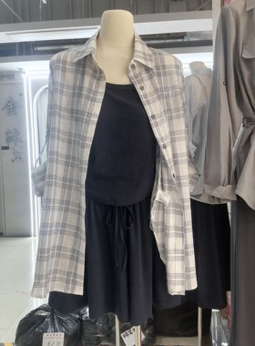 2025春夏欧韩时尚套装背心长袖格子衬衫短裤宽松休闲三件套裤女潮