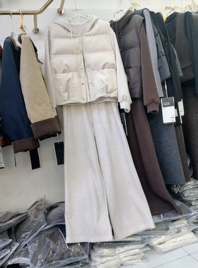 2025秋冬欧韩时尚套装女连帽加绒套头卫衣长裤皮马甲保暖三件套裤